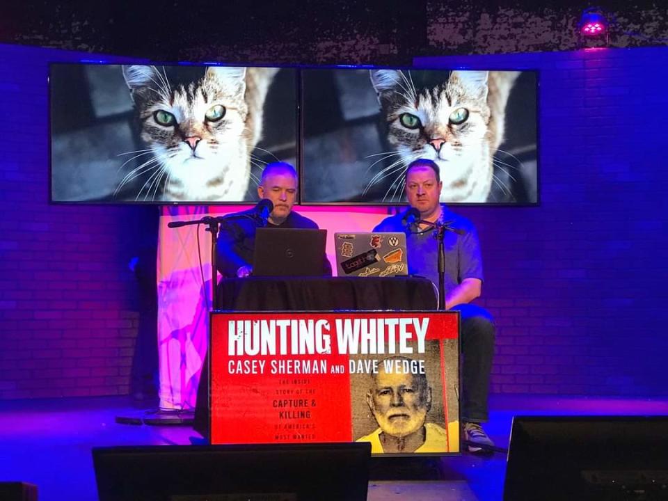 Casey Sherman, left, and Dave Wedge, journalists who co-wrote "Hunting Whitey" and several other true-crime books, play narrators in the stage adaptation. A cat figures prominently in Whitey's capture in Santa Monica, California.