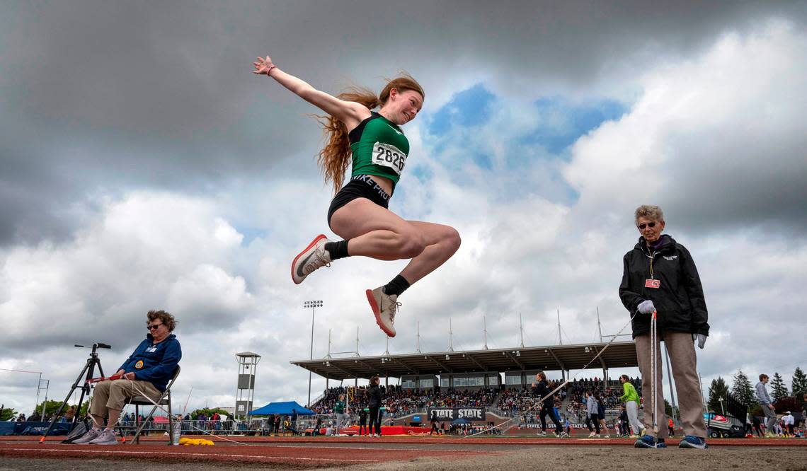 Tumwater’s Alyssa Duncan jumps to a second-place finish in the 2A girls long jump competition during the second day of the WIAA State Track and Field Championships at Mount Tahoma High School in Tacoma, Washington on Friday, May 27, 2022.