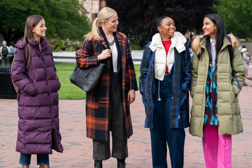 Pauline Chalamet, Reneé Rapp, Alyah Chanelle Scott, and Amrit Kaur on season two, episode one of "The Sex Lives of College Girls."