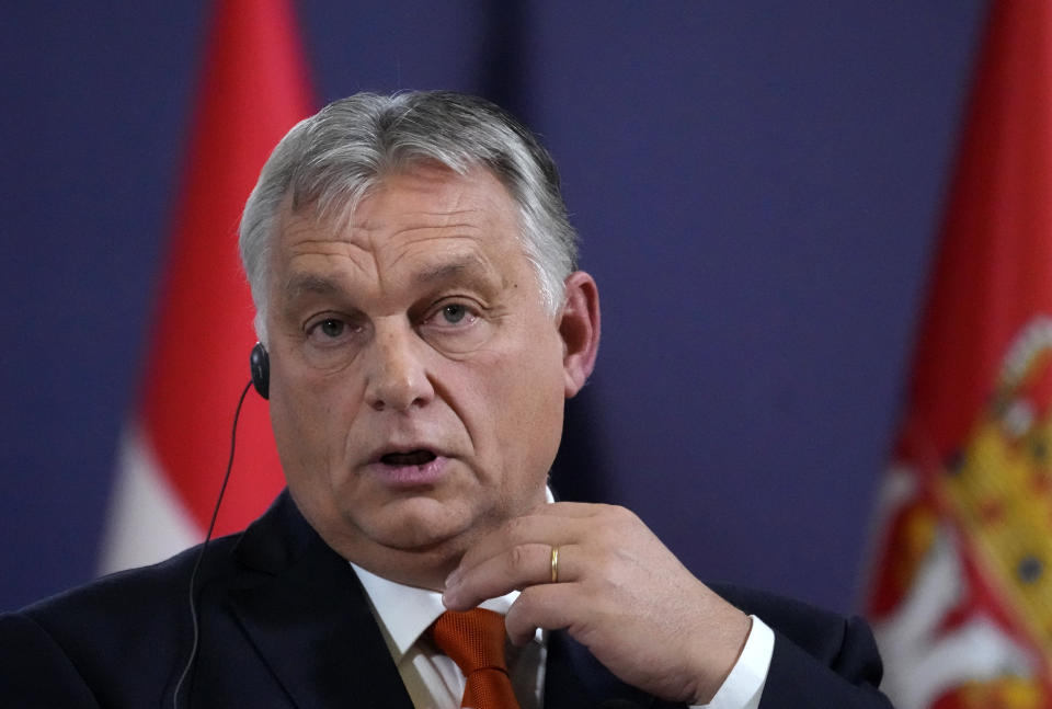 Hungary's Prime Minister Viktor Orban listens to a question during a press conference with Serbian President Aleksandar Vucic and Austria's Chancellor Karl Nehammer after their trilateral meeting in Belgrade, Serbia, Wednesday, Nov. 16, 2022. (AP Photo/Darko Vojinovic)