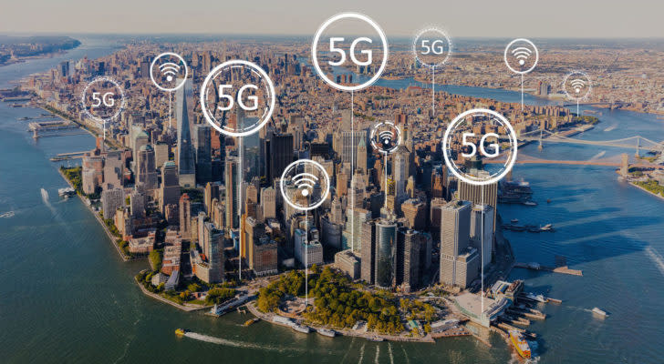 The phrase "5G" in bubbles above a cityscape.