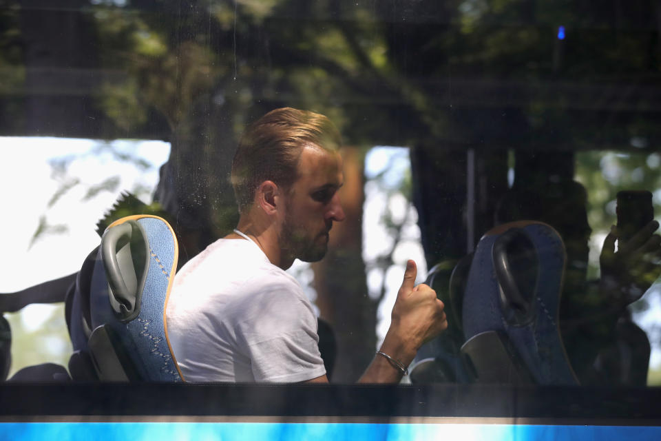 <p>Harry Kane acknowledges the fans. </p>