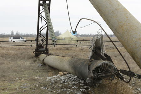 A view shows a damaged electrical pylon near the village of Chonhar in Kherson region, Ukraine, November 23, 2015. REUTERS/Stringer