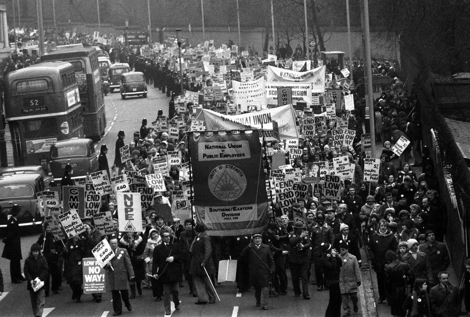 Public service workers take part in a mass march to the Houses of Parliament, where they planned to lobby MPs as part of a 'day of action' against Government pay policy. The rally coincided with a 24-hour stoppage by more than one million workers in hospitals, schools, ambulance services and rubbish collections which paralysed many areas of Britain.