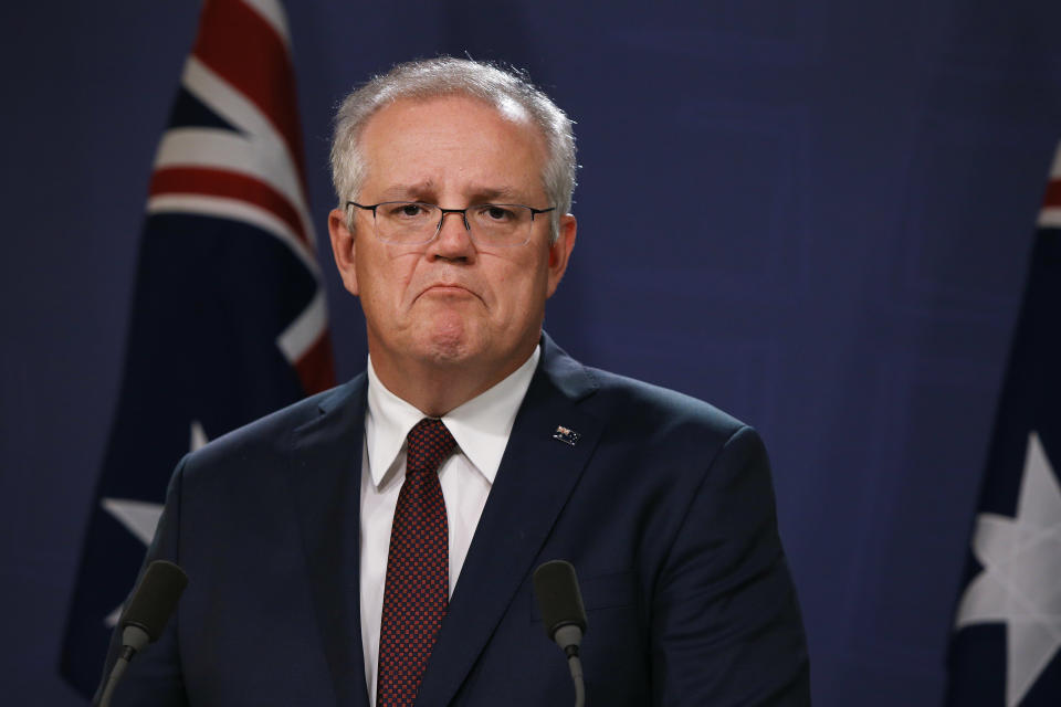 SYDNEY, AUSTRALIA - OCTOBER 16: Prime Minister Scott Morrison speaks during a press conference on October 16, 2020 in Sydney, Australia. Prime Minister Scott Morrison has confirmed repatriation flights would commence for Australians stuck in the UK, India and South Africa amid the global COVID-19 pandemic. (Photo by Lisa Maree Williams/Getty Images)