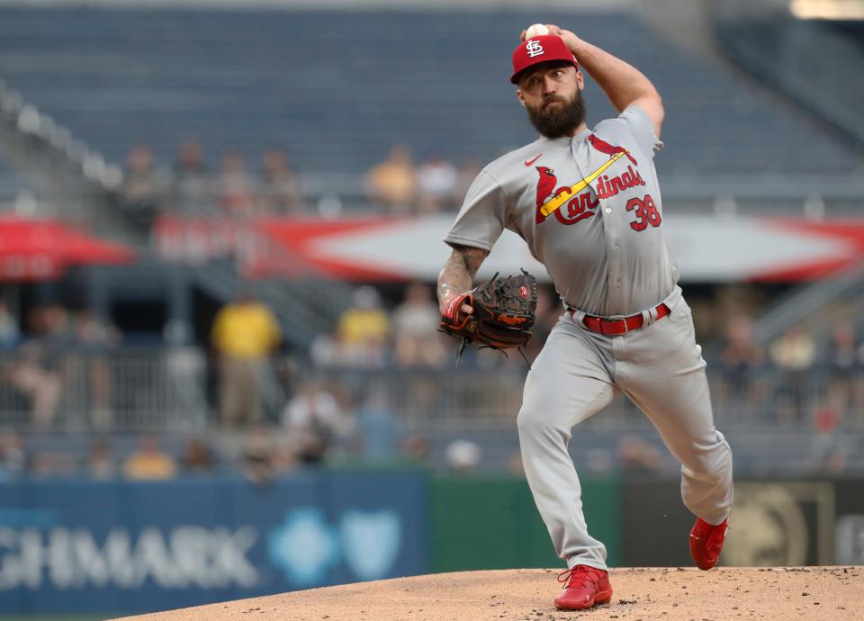 St. Louis Cardinals starting pitcher Drew Rom (38) delivers a pitch in his major league debut against the Pittsburgh Pirates during the first inning at PNC Park Monday.