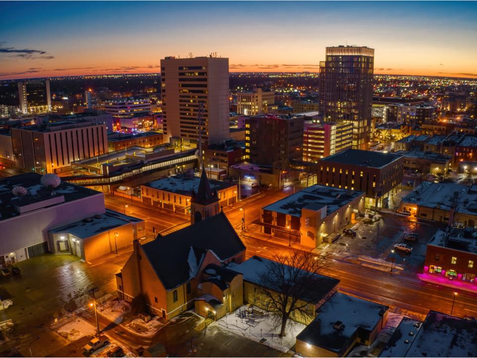 Aerial View of Fargo ND Skyline at Dusk