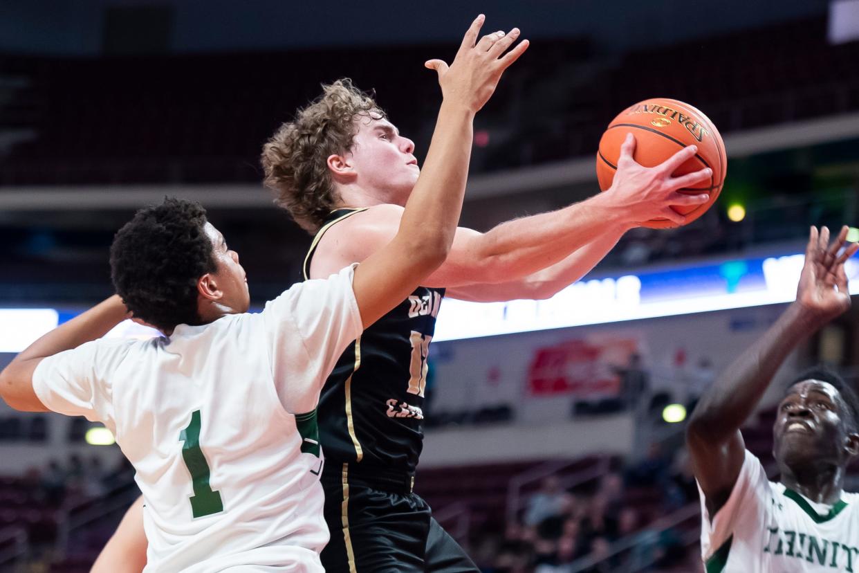 Delone Catholic's Camdyn Keller draws a foul from Trinity's Amil Way (1) while attempting a layup during the District 3 Class 3A boys' basketball championship at the Giant Center on Feb. 28, 2023, in Derry Township.