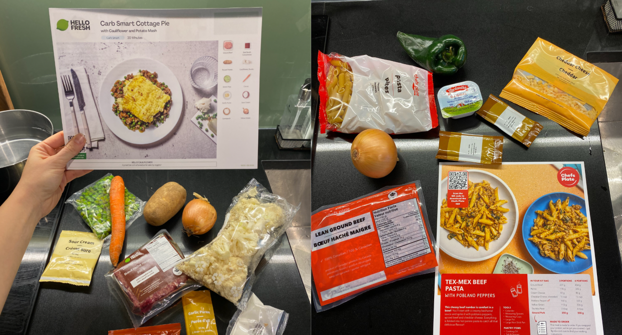 split screen of HelloFresh and Chefs Plate meal kits with recipe cards and ingredients