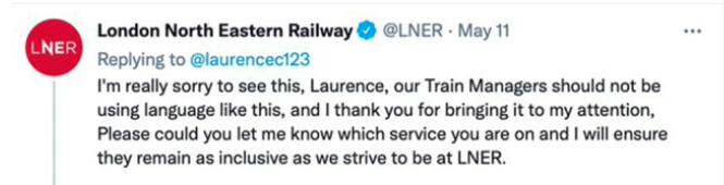 LNER apologised, saying its train managers should not be using 