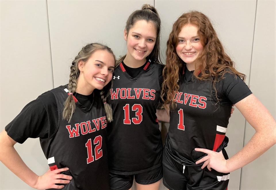 Sydney Schell, Carolyn Littrell and Anderson Eggleston (from left) earned a win against Fort Plain on their basketball senior night at Oppenheim-Ephratah-St. Johnsville.