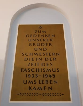 A WWII memorial is seen inside the synagogue in Halle