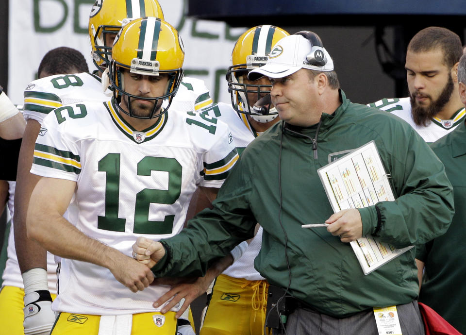 Aaron Rodgers said he's communicated with Mike McCarthy and shared a theory on why he got hired in Dallas. (AP Photo/Amy Sancetta, File)