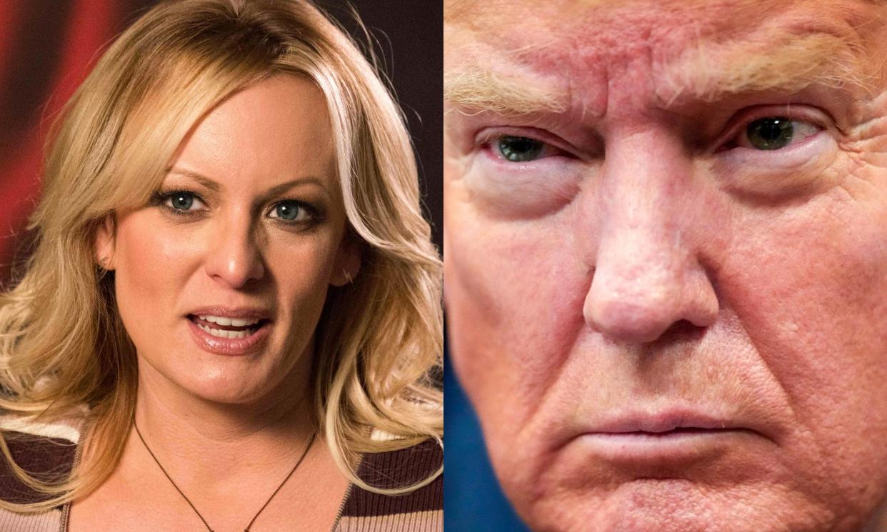 <span>Stormy Daniels, who met Donald Trump at a celebrity golf tournament in Lake Tahoe, walked jurors through the fateful evening when she went to his hotel room.</span><span>Composite: AFP via Getty Images, AP</span>