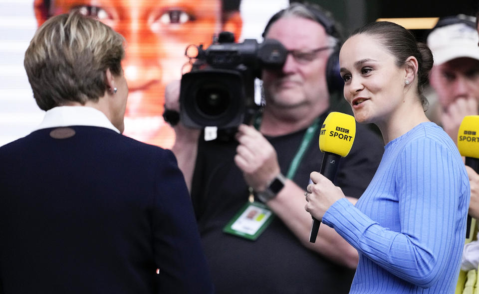 Ash Barty, pictured here on the microphone at Wimbledon. 