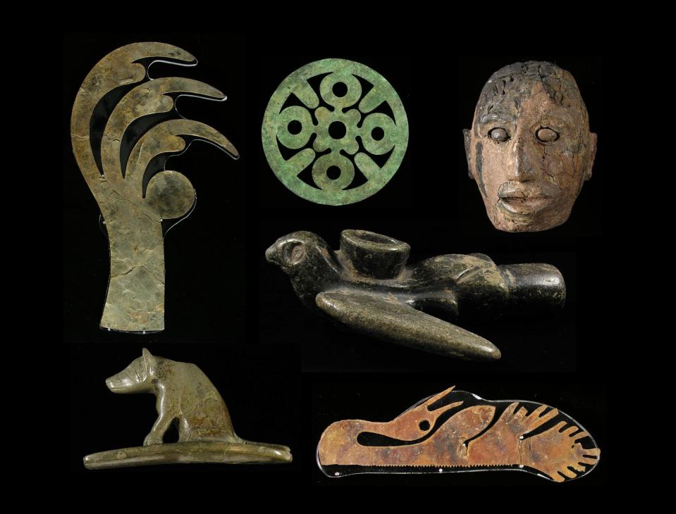 The Hopewell culture is known for works of art made from raw materials obtained from far-flung places, including mica from the southern Appalachian Mountains and copper from southern Ontario. [Ohio History Connection]