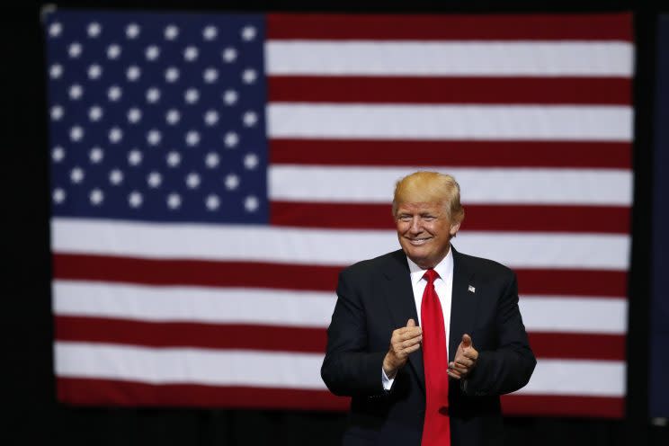 President Donald Trump smiles at supporters as he arrives to speak at a rally, Wednesday, June 21, 2017, in Cedar Rapids, Iowa. (Photo: Charlie Neibergall/AP)