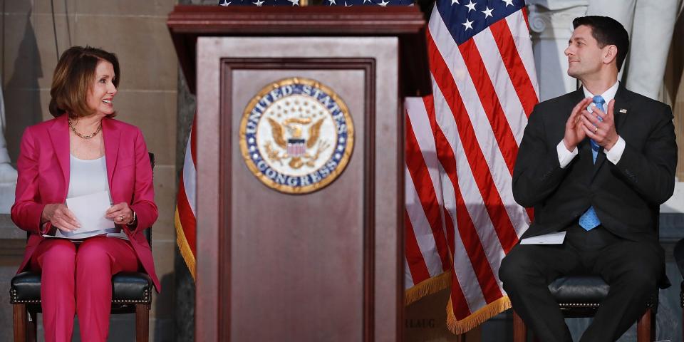 Nancy Pelosi when she was House Minority Leader and former Speaker of the House Paul Ryan (R-WI) participate in a ceremony to mark the 50th anniversary of the assassination of Dr. Martin Luther King Jr. in Statuary Hall at the U.S. Capitol April 12, 2018 in Washington, DC.