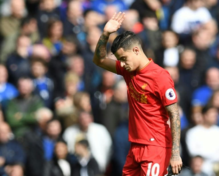 Liverpool's Philippe Coutinho acknowledges the fans after he was substituted during the Premier League match against Everton at Anfield on April 1, 2017