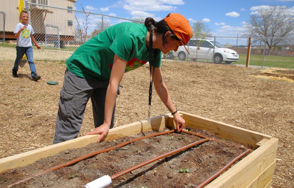 Livie Nute, an AmeriCorps volunteer from Durango, Colo., pulls weeds from one of the planters in the Animas Elementary School community garden on Monday, April 22 in Farmington.