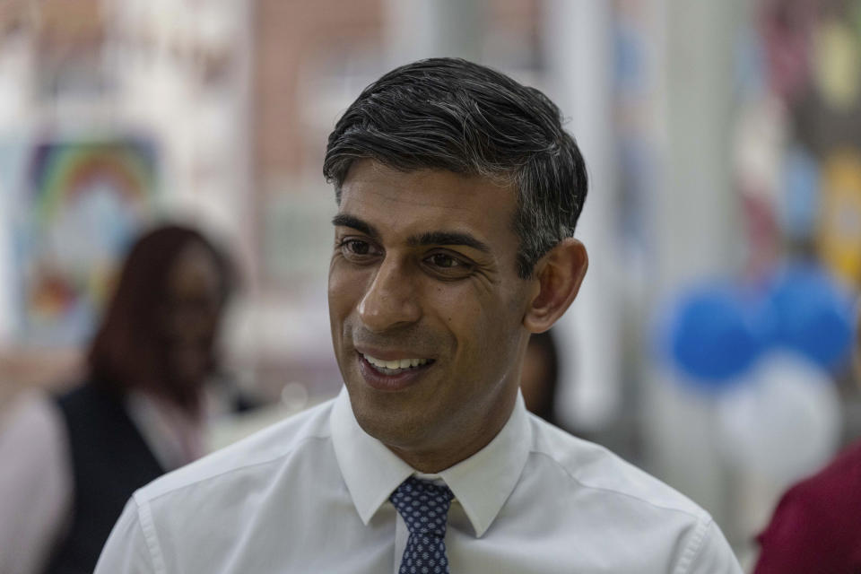 Prime Minister Rishi Sunak visits the Evelina Children's ward at St Thomas' hospital to take part in a NHS Big Tea celebration to mark the 75th anniversary of the NHS, in central London, Tuesday July 4, 2023.. (Jack Hill/Pool Photo via AP)