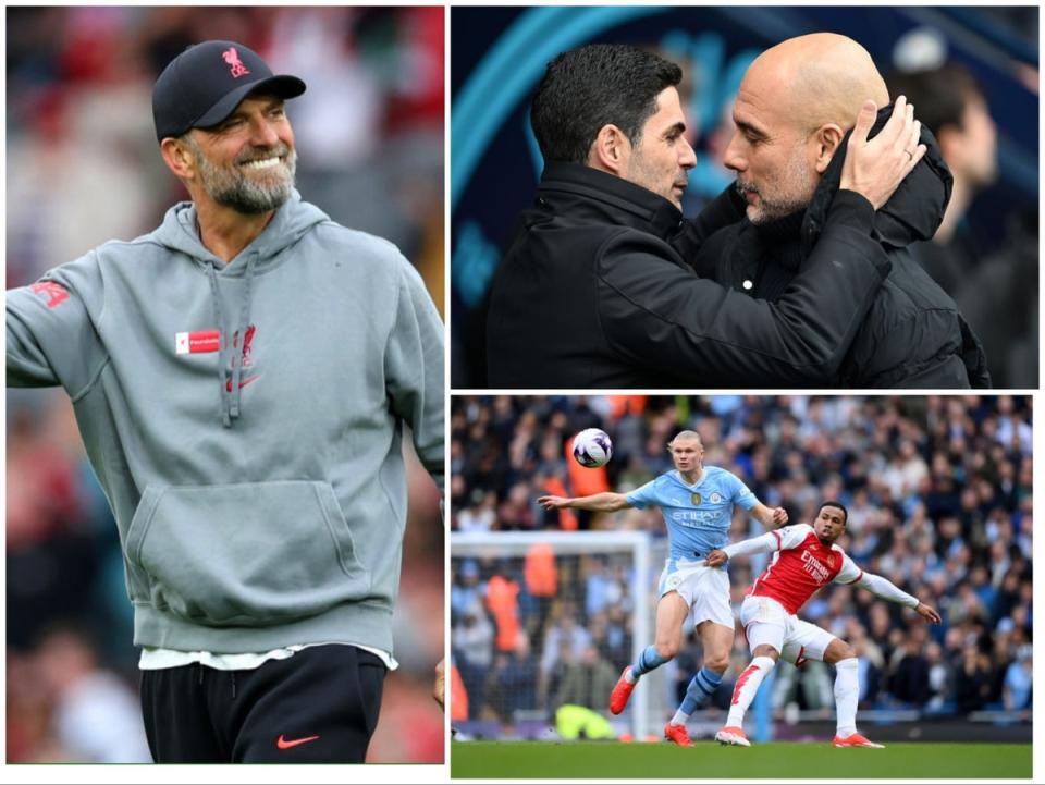 Jurgen Klopp (left), Mikel Arteta (centre) and Pep Guardiola are contenders in the Premier League’s most thrilling season yet (Getty Images)