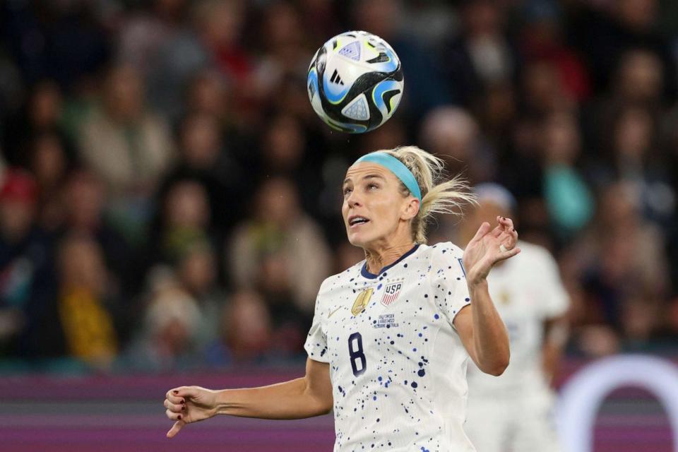 PHOTO: United States' Julie Ertz heads the ball during the Women's World Cup round of 16 soccer match between Sweden and the United States in Melbourne, Australia, Sunday, Aug. 6, 2023. (Hamish Blair/AP)