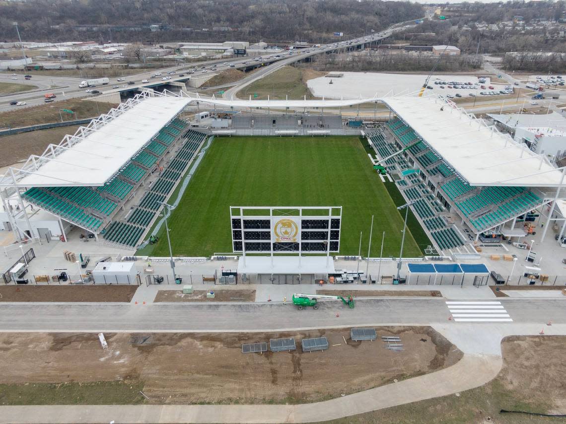 The teal colored seats of CPKC Stadium are covered by awnings intended to keep the sun and elements off of spectators in the seats. Nick Wagner/nwagner@kcstar.com