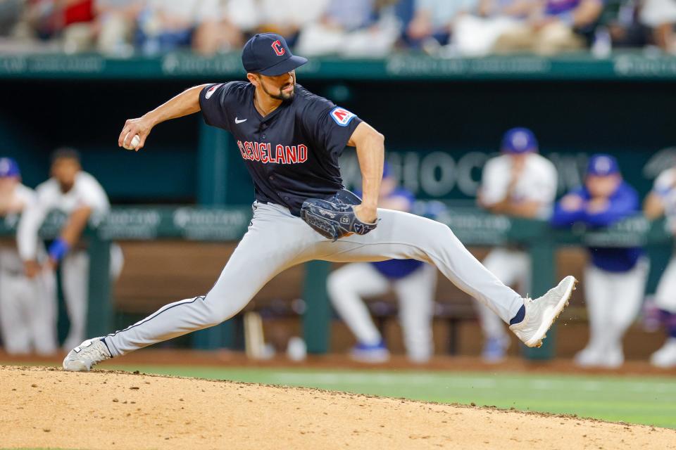 Guardians pitcher Nick Sandlin comes throws in the sixth inning against the Rangers, May 13, 2024, in Arlington, Texas.