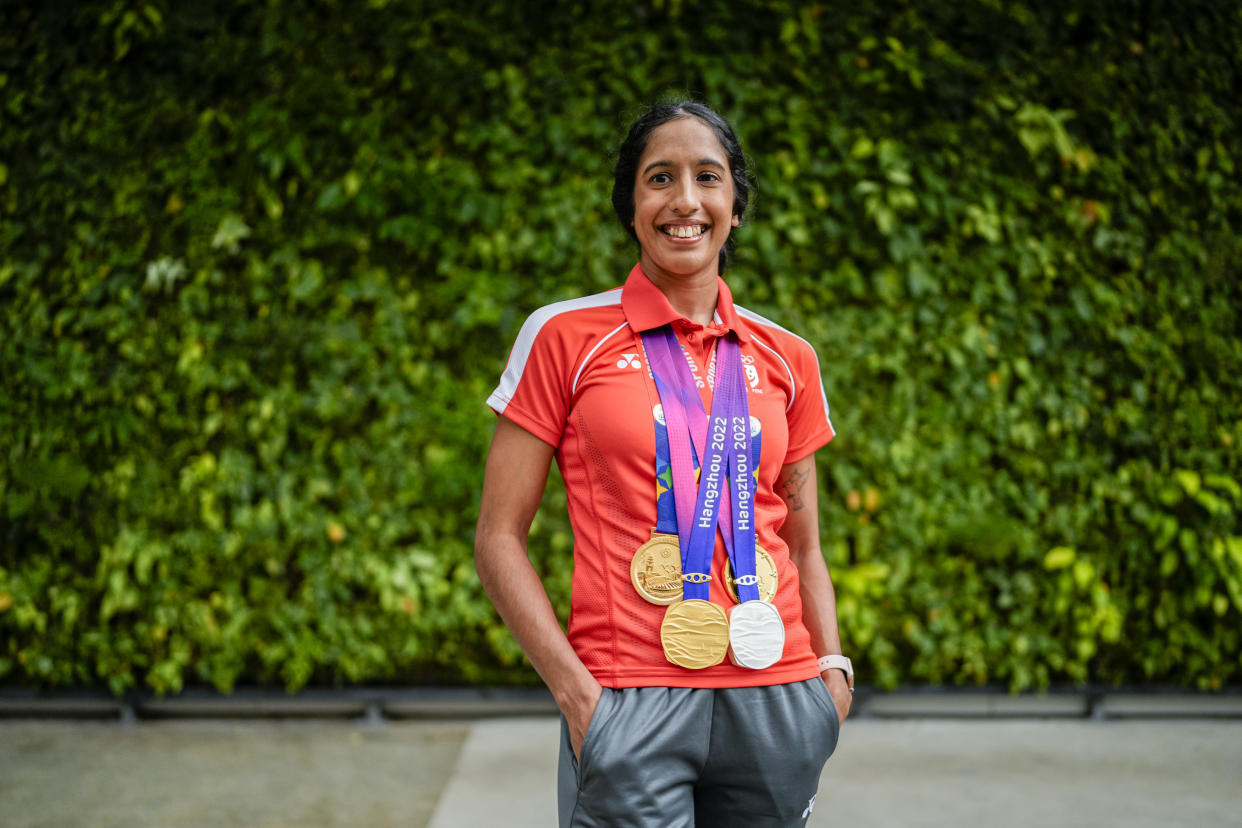 Singapore sprint champion Shanti Pereira with her SEA Games and Asian Games medals. (PHOTO: SNOC/Kong Chong Yew)