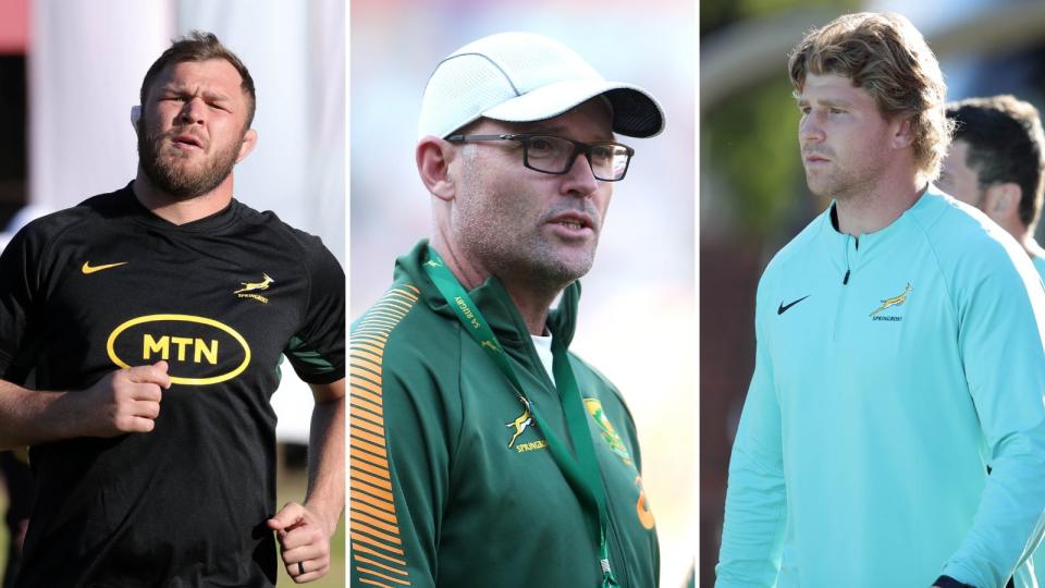 Springboks prepare for the Rugby Championship clash against the Wallabies pictured captain Duane Vermeulen, coach Jacques Nienaber and back rower Evan Roos Credit: Alamy