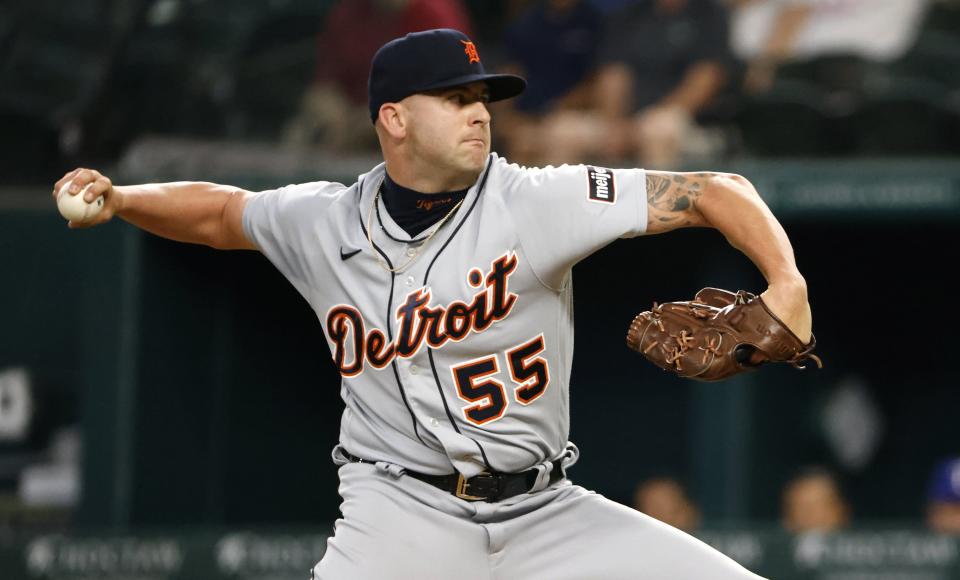 Alex Lange #55 of the Detroit Tigers pitches against the Texas Rangers during the ninth inning at Globe Life Field on June 29, 2023 in Arlington, Texas. The Tigers won 8-5.