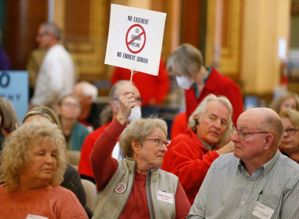 Hundreds of concerned land owners from across Iowa gathered in the rotunda at the Iowa Capitol Building in Des Moines to voice their concerns about the use of eminent domain takings for the proposed carbon pipeline.