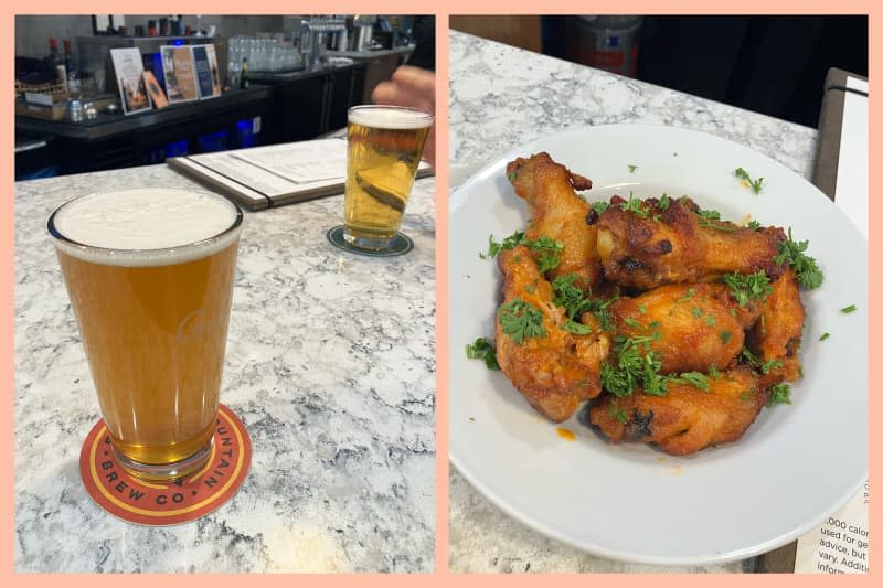 2 photos side by side. Left: 2 glasses of beer; chicken wings