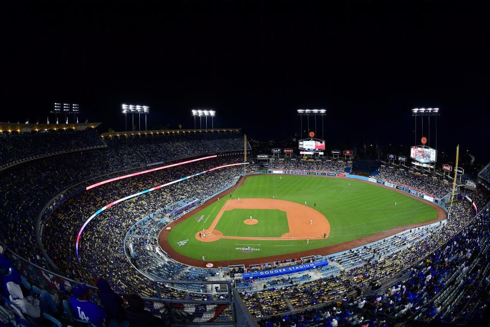 General view as the Los Angeles Dodgers play against the Arizona Diamondbacks during the fourth inning at Dodger Stadium.