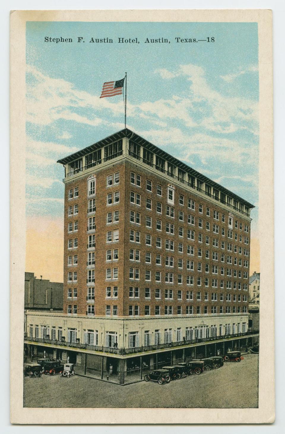 This postcard shows the Stephen F. Austin Hotel soon after it opened in 1924 at Congress Avenue and East Seventh Street. Note the rooftop garden at the top, no longer there.
