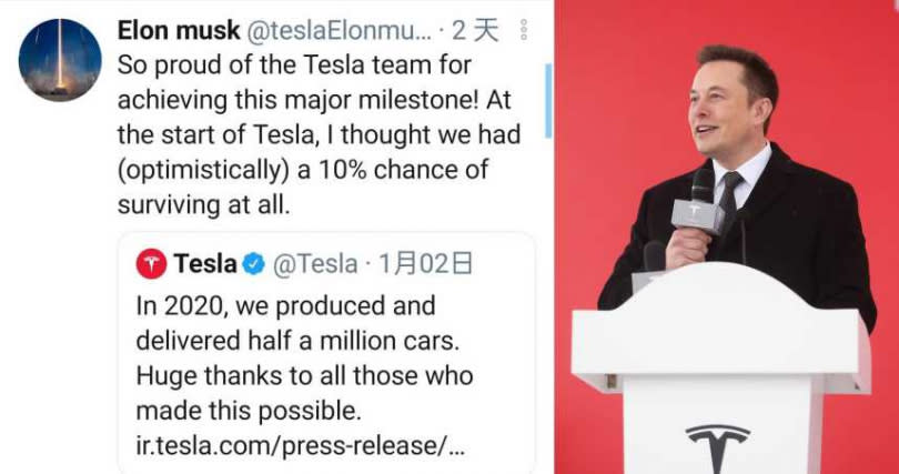 特斯拉創辦人馬斯克在推特上引用貼文，大大稱讚特斯拉團隊2020年的表現。（圖／翻攝自馬斯克推特）