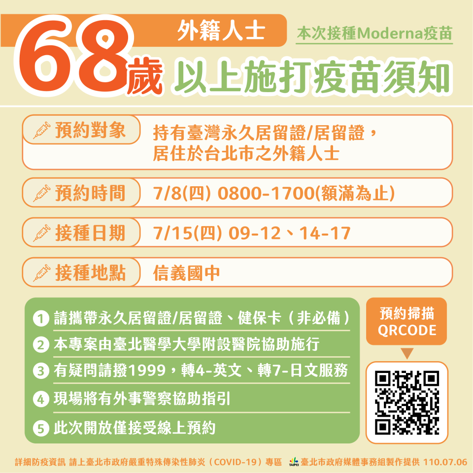 臺北市鼓勵居住在北市、領有居留證的外籍人士接種疫苗