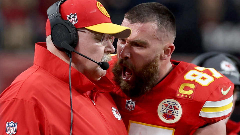 Travis Kelce #87 of the Kansas City Chiefs reacts at Head coach Andy Reid in the first half against the San Francisco 49ers during Super Bowl LVIII at Allegiant Stadium on February 11, 2024 in Las Vegas, Nevada.