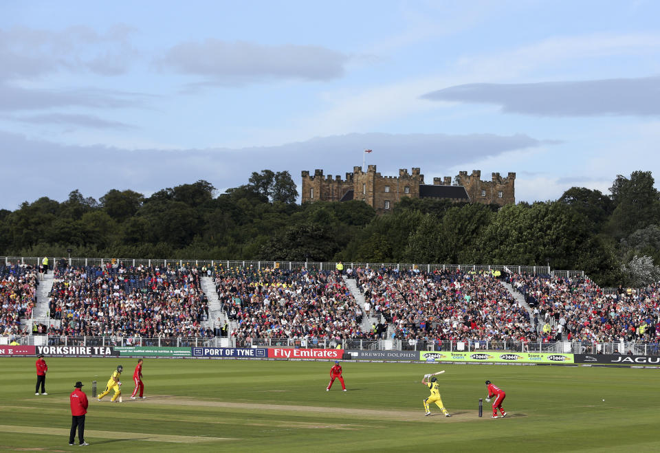 FILE - In this Saturday Aug. 31, 2013 file photo Australia's James Faulkner, right, plays a shot bowled by England's Danny Briggs during their Twenty20 cricket match at the Riverside cricket ground, Chester-le-Street, England. The 2019 Cricket World Cup starts in England on May 31, with the Riverside being one of the venues. (AP Photo/Scott Heppell, File)