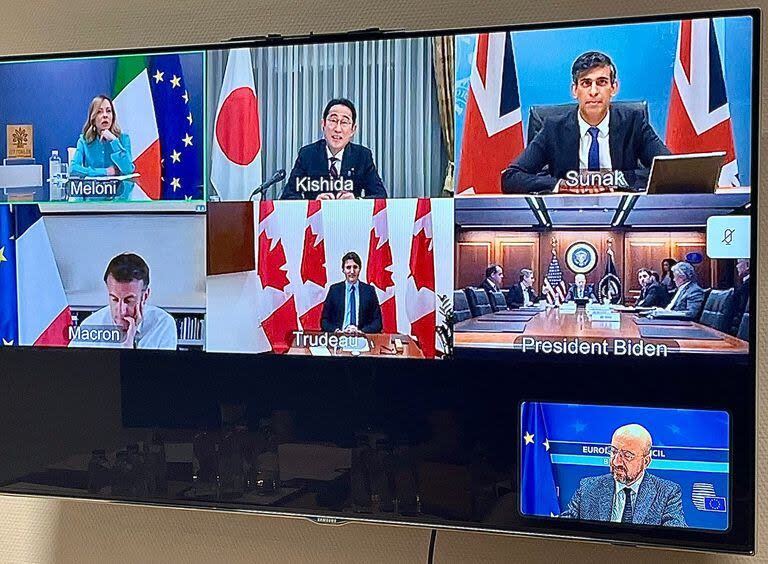 La teleconferencia de los líderes del G-7 sobre el conflicto en Medio Oriente, el 14 de abril de 2024. (La Nación)