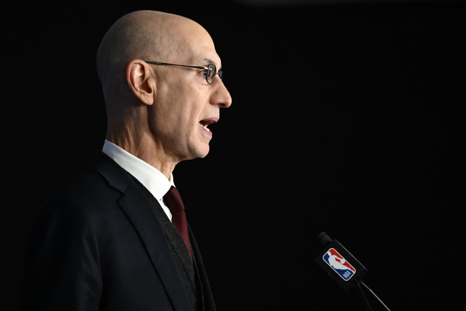 January 11, 2024. Paris, France; NBA Commissioner Adam Silver speaks before the NBA game between the Brooklyn Nets and Cleveland Cavaliers at AccorHotels Arena. Required Credit: Alexis Reau/Presse Sports via USA TODAY Sports