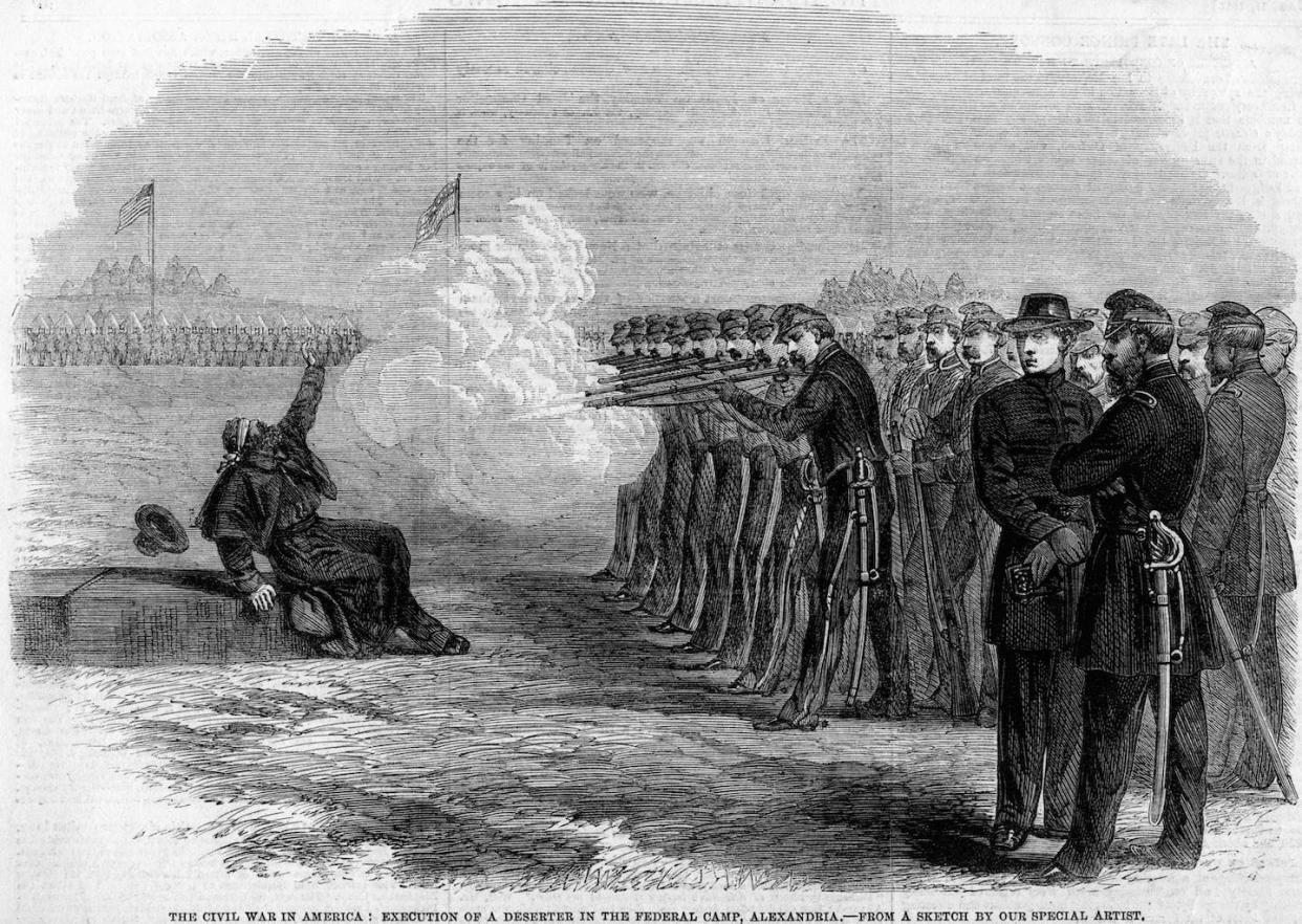 An illustration of a deserter being executed by a firing squad at the Federal Camp in Alexandria during the American civil war. <a href="https://www.gettyimages.com/detail/news-photo/illustration-of-a-deserter-being-executed-by-a-firing-squad-news-photo/106416800?phrase=firing%20squad&adppopup=true" rel="nofollow noopener" target="_blank" data-ylk="slk:Kean Collection/Getty Images;elm:context_link;itc:0" class="link ">Kean Collection/Getty Images</a>