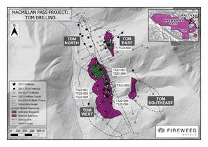 Map 2: Tom drilling map with drill holes in this release labeled. For green section line, see Long Section TA-TA’ below.