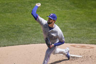 Texas Rangers' pitcher Jordan Lyles throws against the Minnesota Twins in the first inning of a baseball game, Thursday, May 6, 2021, in Minneapolis. (AP Photo/Jim Mone)