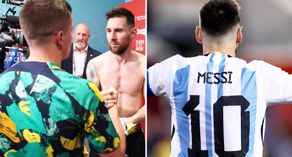 Cam Devlin pictured shaking Lionel Messi's hand.