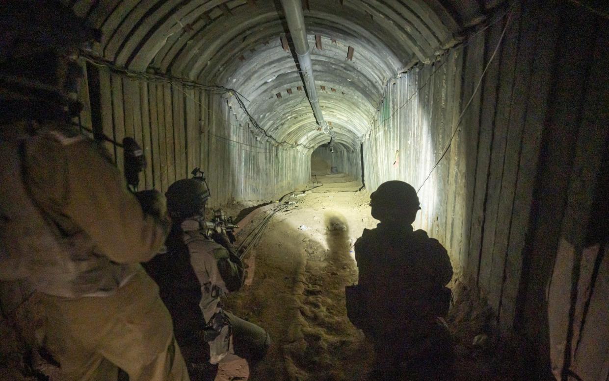 Israeli soldiers secure a tunnel that Hamas reportedly used on October 7th to attack Israel through the Erez border crossing on January 07, 2024 in Northern Gaza