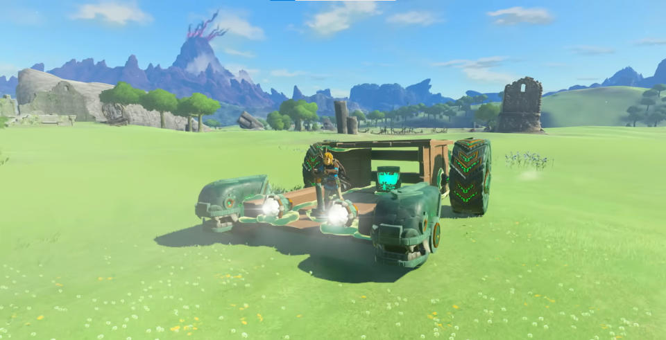 Link riding a vehicle in Legend of Zelda: Tears of the Kingdom