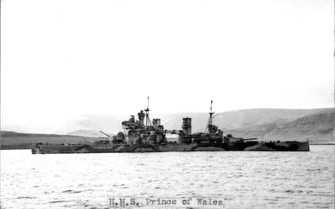 Royal Navy Battleship HMS Prince of Wales, anchored in an undisclosed location in 1941. - Credit: Arkivi/Hulton Archive