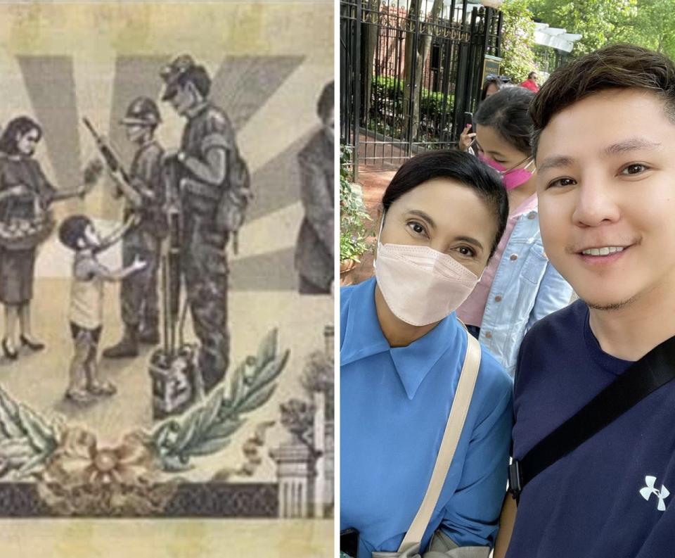 An image of the reverse side of an old P500 banknote from the website of the Bangko Sentral ng Pilipinas (left) and Angelo Gutierrez posing with Vice President Leni Robredo in New York for a snapshot on May 21, 2022 (right. (PHOTO: Angelo Gutierrez/Facebook, Bangko Sentral ng Pilippinas)